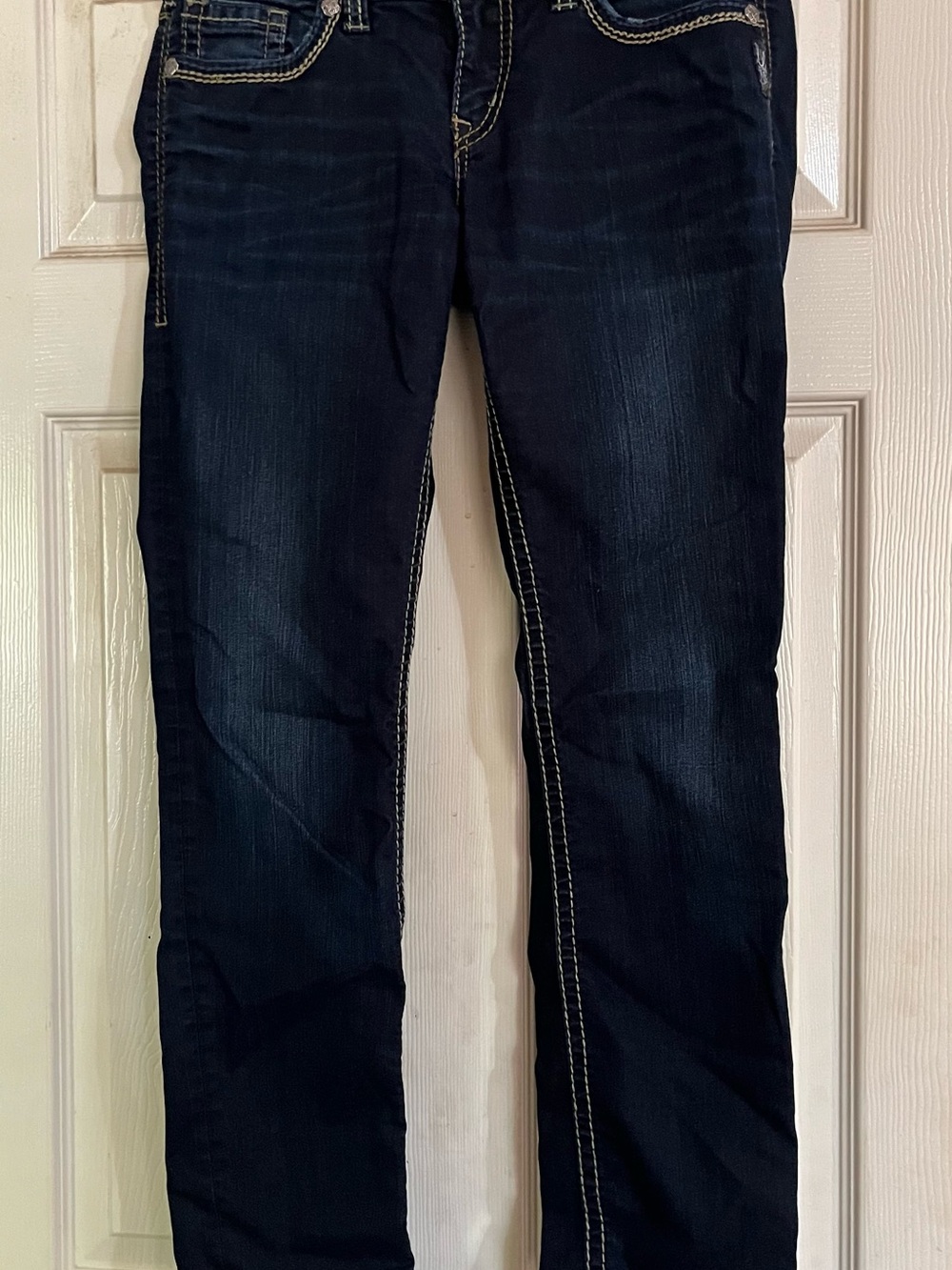 Silver Jeans Dark Indigo Straight Leg Jeans with Contrast Stitching